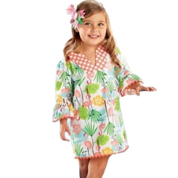 MUD PIE FLAMINGO TROPICAL CAFTAN POM POM TRIM 5T - Picture 6 of 11